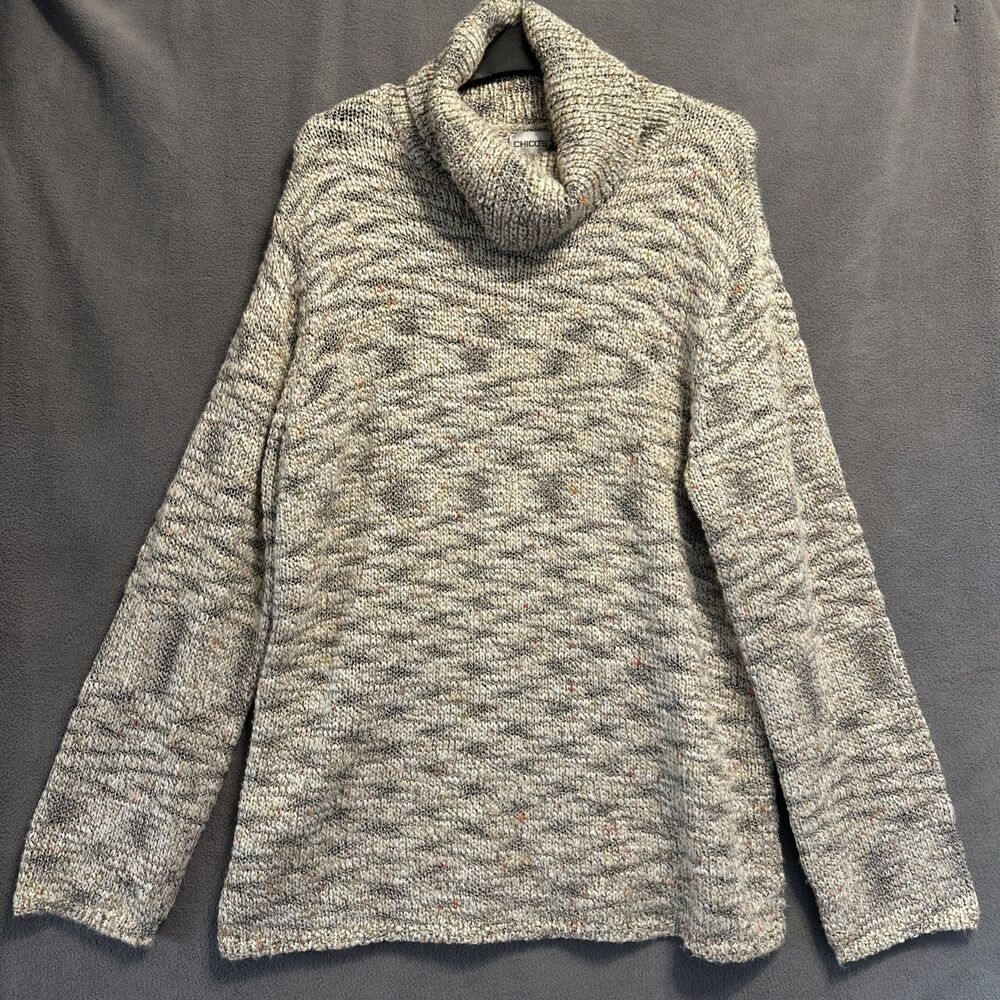 Chicos Chunky Knit Turtleneck Sweater Tunic Marled Size 3 (XL) Cream‎ Gray Cozy